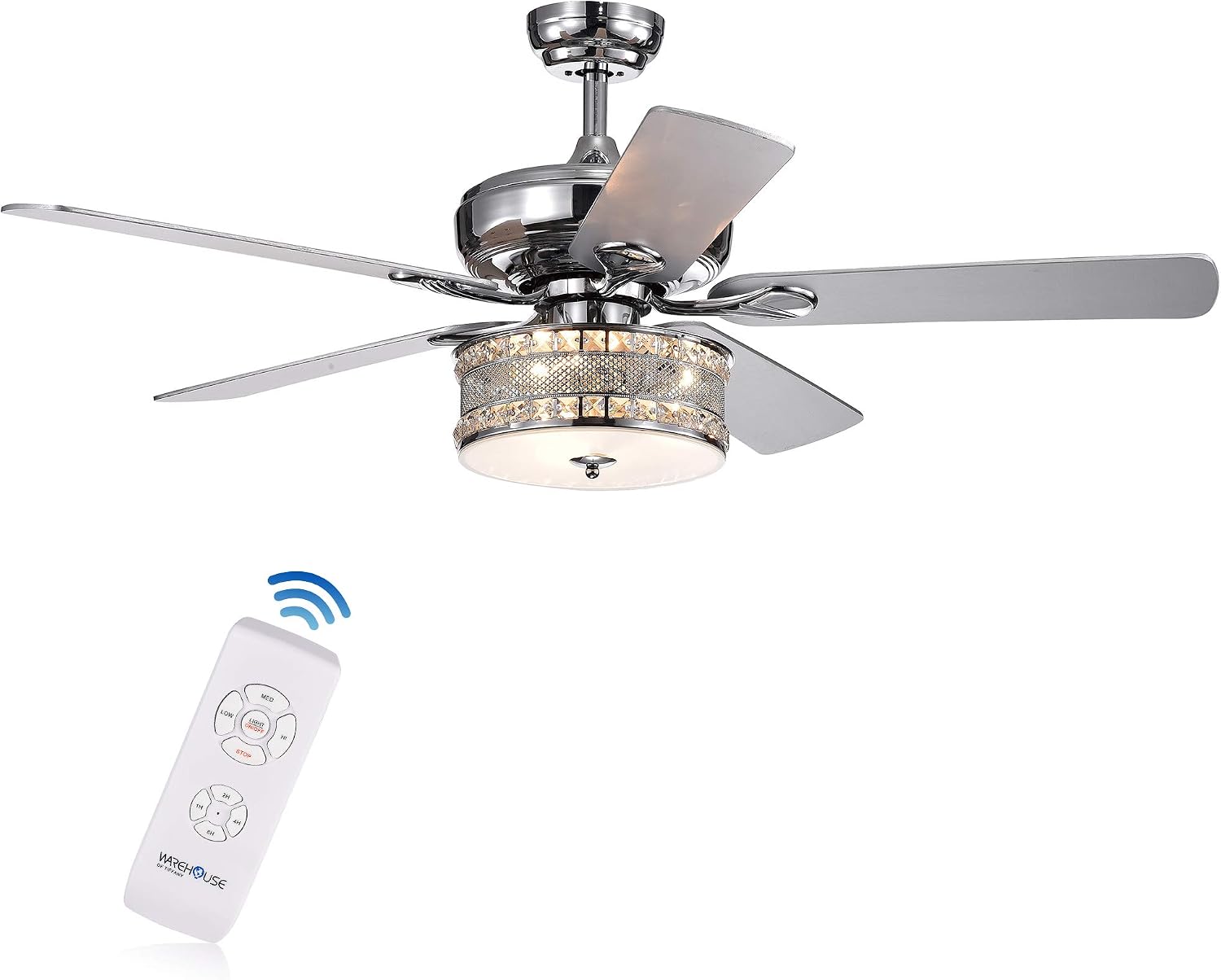 Warehouse of Tiffany HACFL-8333REMO Davrin 5-Blade 52-Inch Chrome 3-Light Crystal Drum Lamp (Optional Remote) Ceiling Fan, Grey