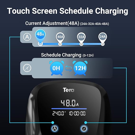 Tera EV Charger for Tesla: ETL Certified Level 2 48 Amp 240 Volt Hardwired DIY EVSE Fast Charge Station with Manual Setting Amps Schedule 25 FT Cable W02 Black
