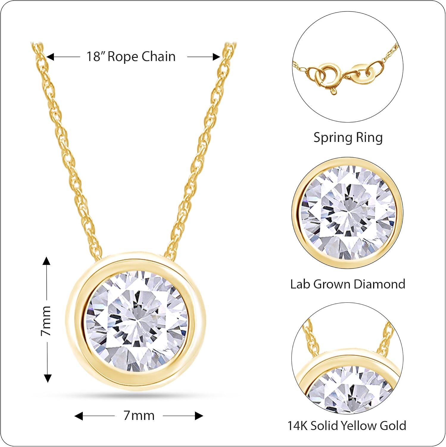THE JEWEL ZONE 14K Solid Gold Pendant Necklace, Bezel Set 1 Carat Round Cubic Zirconia or Lab Grown Diamond Solitaire Pendant Necklace For Women With 18" Chain, Jewelry for Her