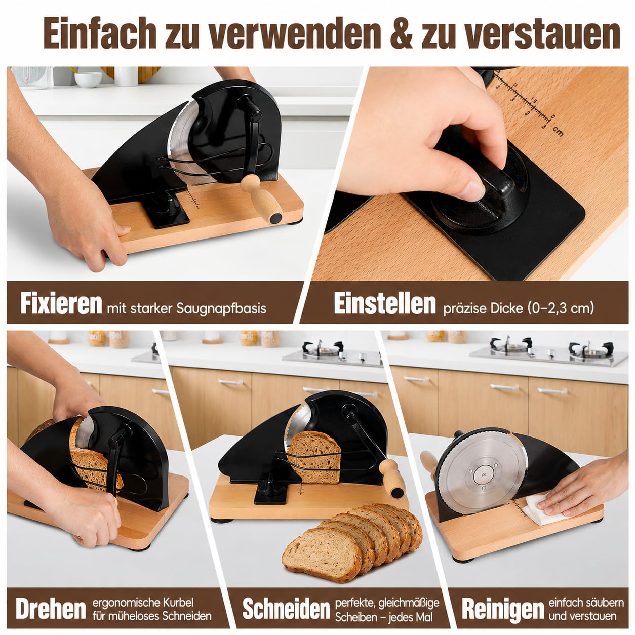 Brotschneidemaschine Manuell mit Handkurbel,Brotschneider mit Verstellbarer Scheibenbreite 0-2,2 cm,Edelstahl Klinge & Massivholz,Tragbare Schneidemaschine mit Saugnäpfen für Sauerteig Brot&Roggen