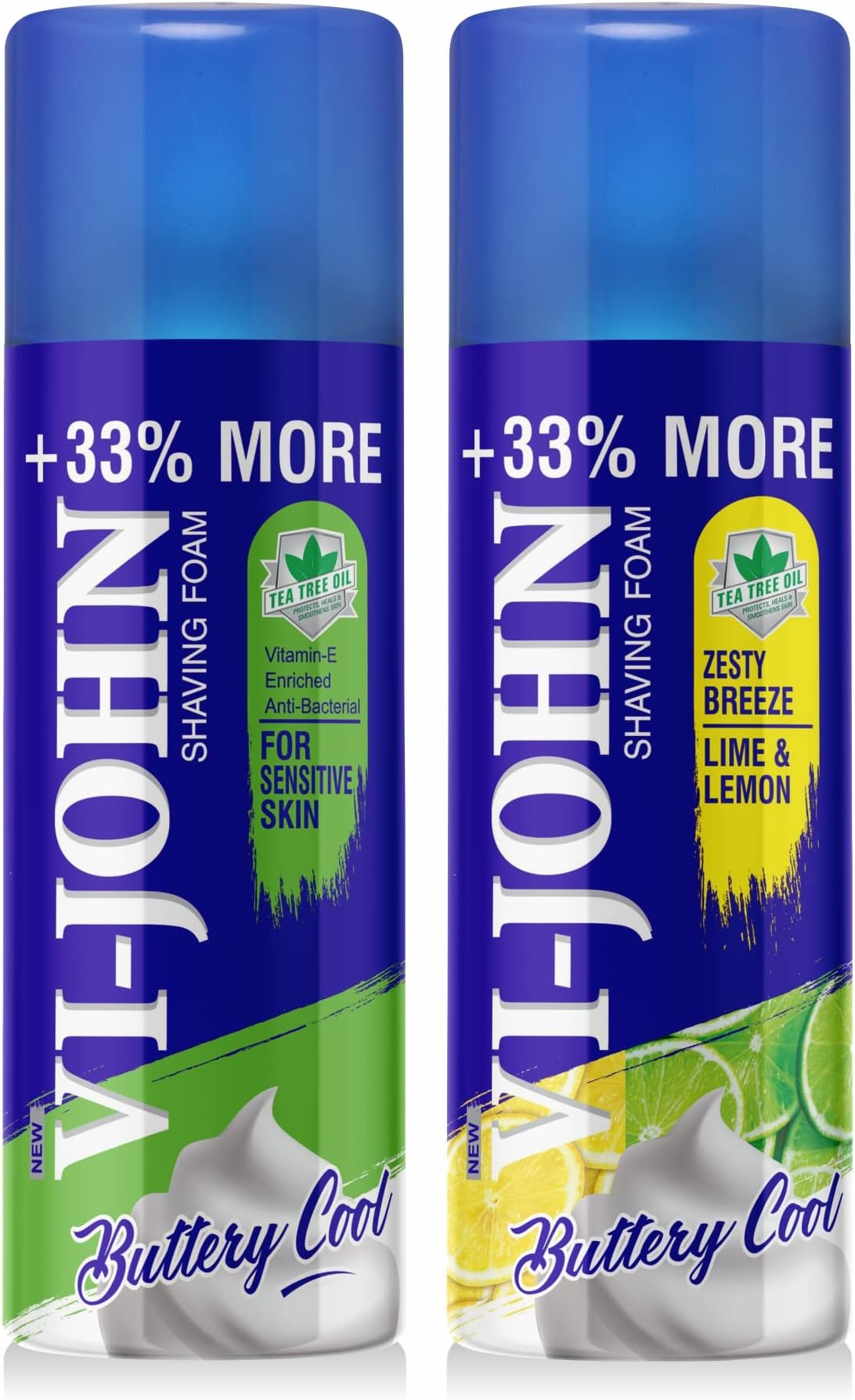 VI - JOHN Shaving Foam For Men,Lime&Lemon&Sensitive Skin Type Shaving Foam With Goodness Of Nature,Tea Tree Oil,Vitamin E Enriched&Anti-Bacterial Formula(400Gm Each-Pack Of 2)