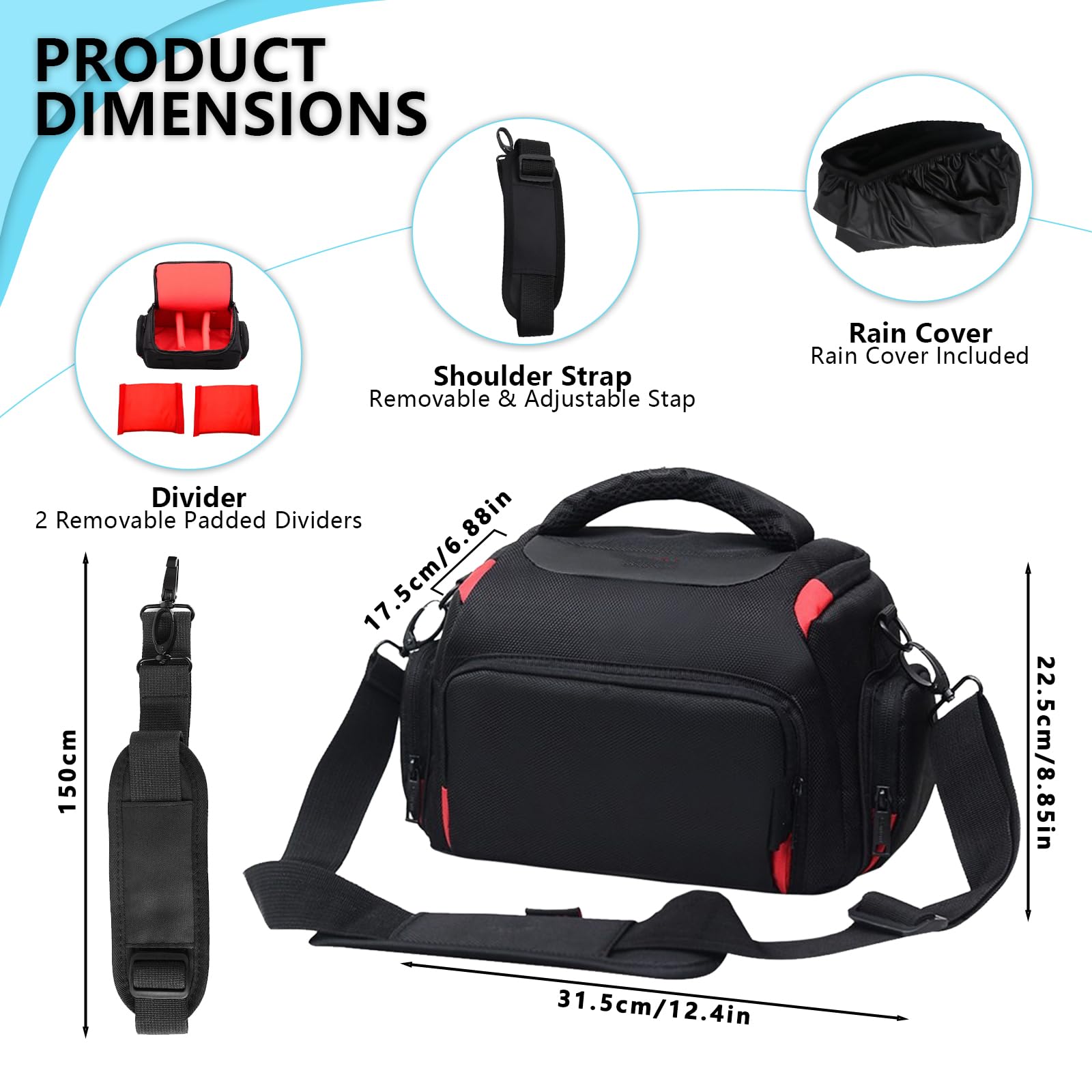 Bolsa para Cámara Réflex DSLR y Mirrorless, Bolso Fotográfico Bandolera con Divisores Ajustables, Funda Acolchada Impermeable, Correa Regulable, Negro