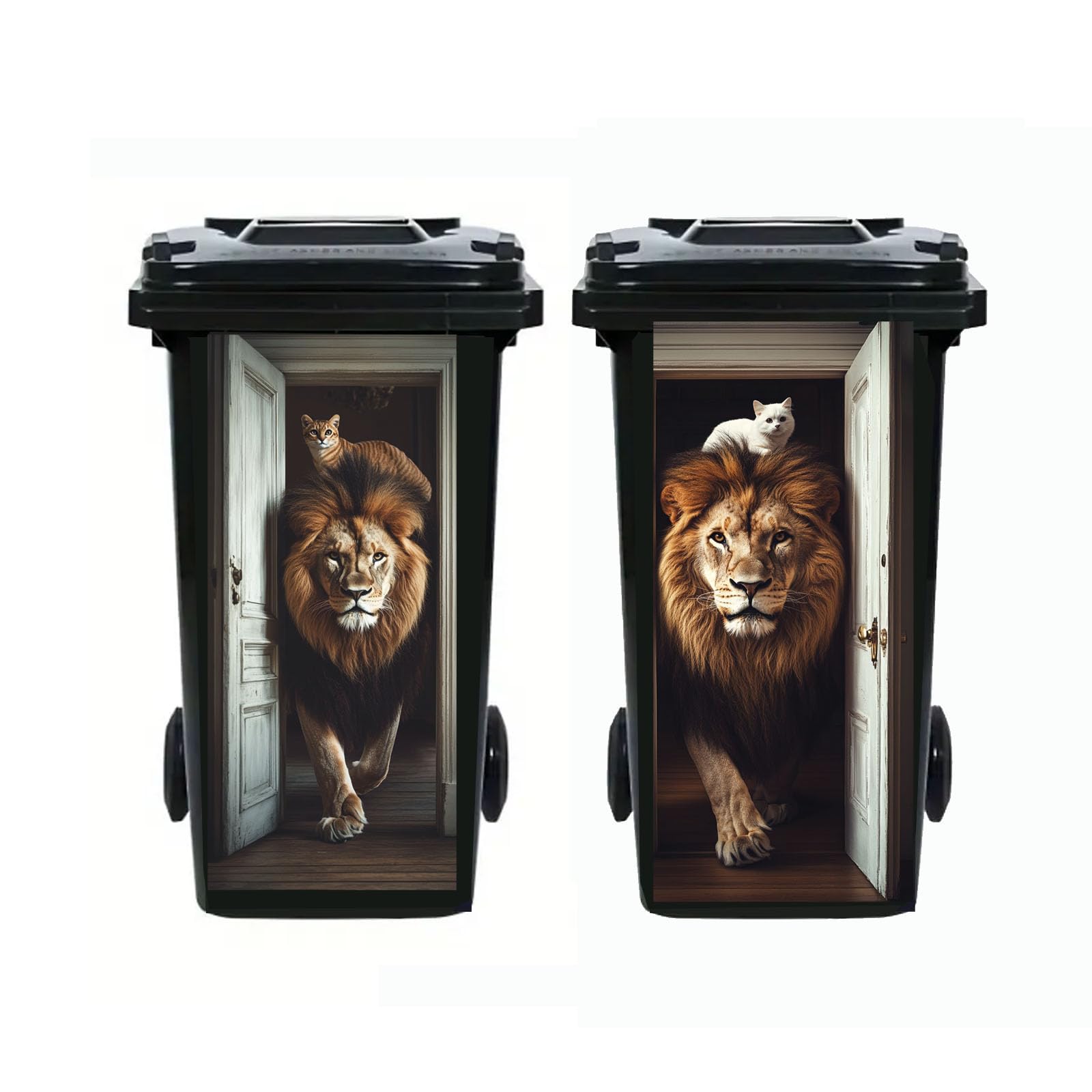 Nouiroy 2Pcs Donkey Dustbin Sticker Decals,14.57×32.28in Raccoon Wheelie Bin Stickers Self Adhesive Panda Peeking Decal for Door Trash Cans Bins Driveway Garden Outdoor Patio Decor (Lion&Cat) — image 1