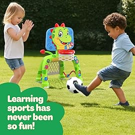 Move2Play, Dinosaur Basketball Hoop & Soccer Goal Activity Center | 30+ Sounds & Songs + 5 Lights | 1 2 3 Year Old for Boys and Girls | Toy & Gift for Baby & Toddlers
