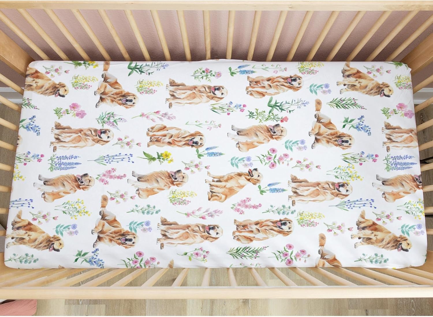Baby Crib Sheets for Boys Girls Golden Retriever Flower Fitted Crib Sheet for Standard Crib and Toddler Mattress Baby Crib Sheets Neutral Crib Mattress Sheet Stretchy Baby Sheet 28''×52''