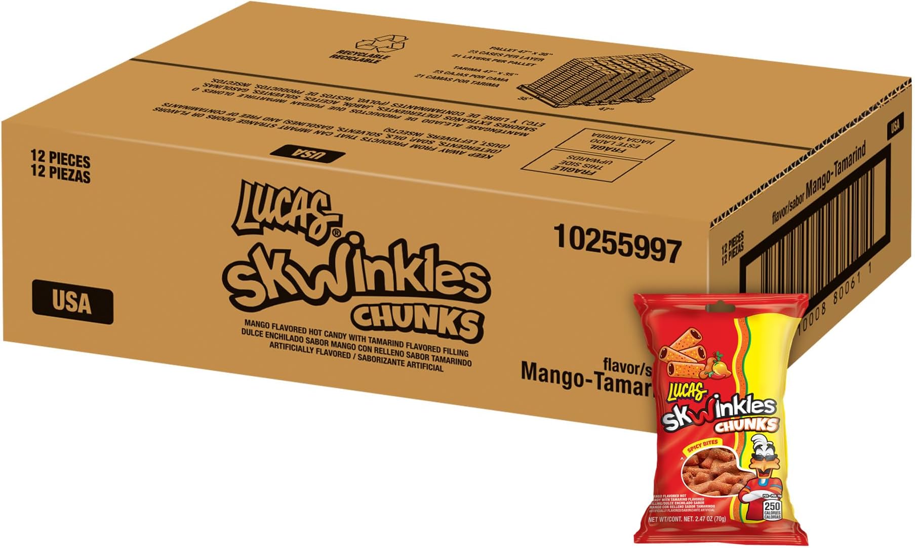 Skwinkles Candy Chunk Mango Flavored with Tamarind Filling 2.46oz, 12 pieces Pack, Perfect for Snacks, Parties – Exotic Valentine's Day Gift