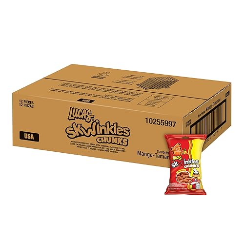 Lucas Skwinkles Candy Chunk Mango saborizado con relleno de tamarindo 2.46 onzas, paquete de 12 piezas, perfecto para aperitivos, fiestas