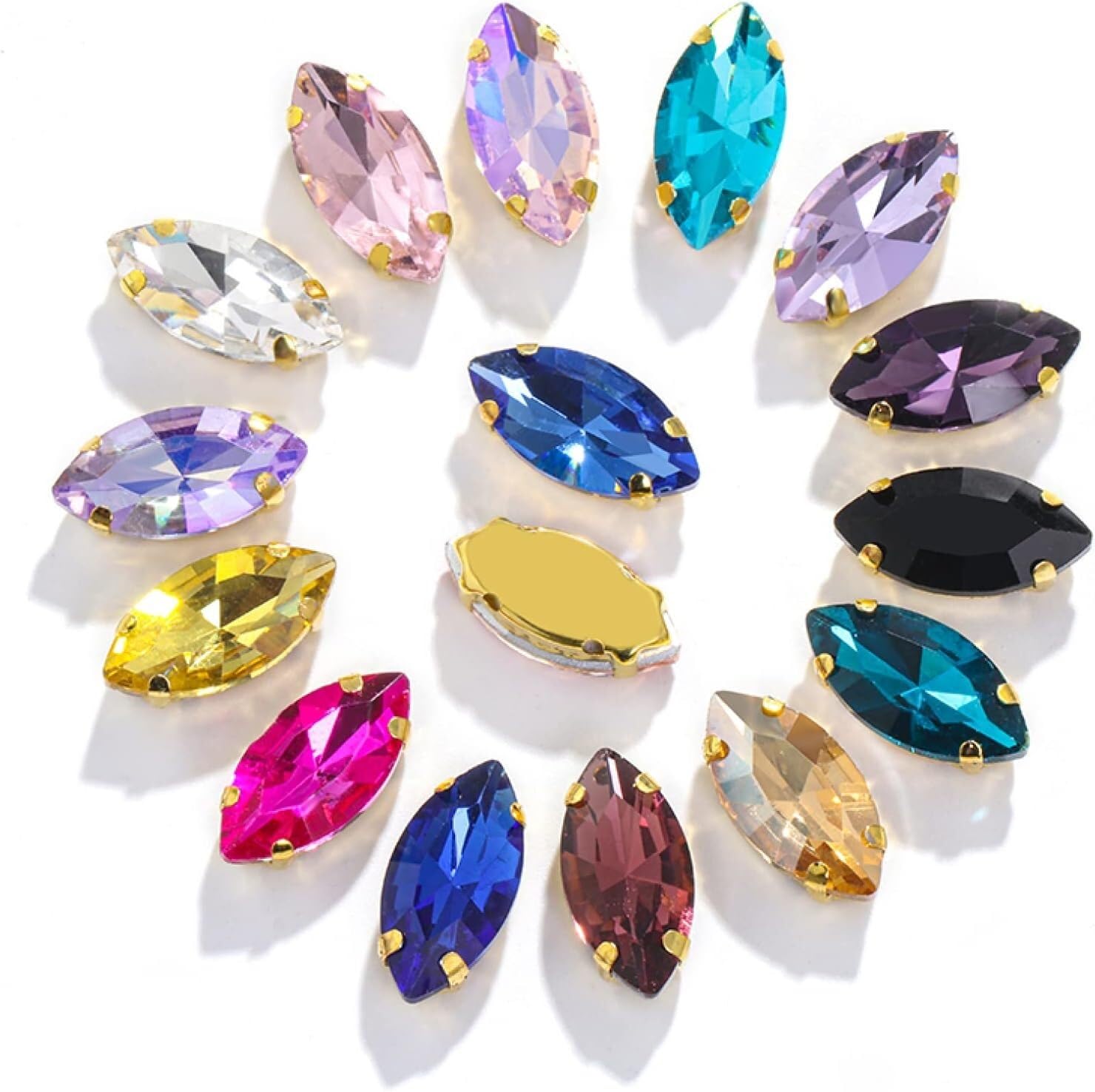 cyrkonie， Kryształki szklane w kształcie oka konia/liścia z pazurami do przyszycia kryształowego kamienia Strass Diamond akcesoriów szycia ubrań(Dark Blue,9X18mm 50pcs)