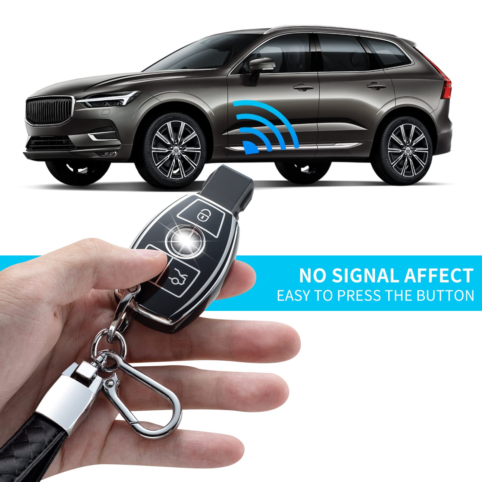 CHEZENHUI Compatible with Mercedes Benz Key Fob Cover with Leather Lanyard, Car Key Case Shell Protection for Mercedes Benz C E S M CLS CLK G Class Smart Remote Control,Black