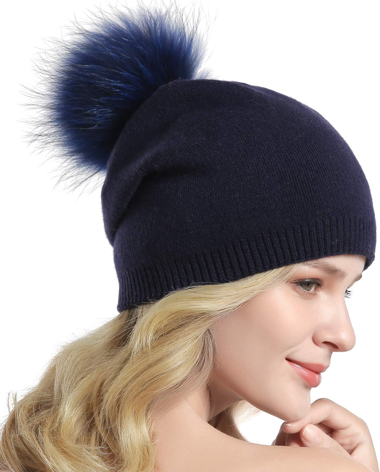 Women Knit Wool Beanie - Winter Fashion Solid Wool Hats Real Removable Raccoon Fur Pom Pom Warm Ski Beanie - Image 4