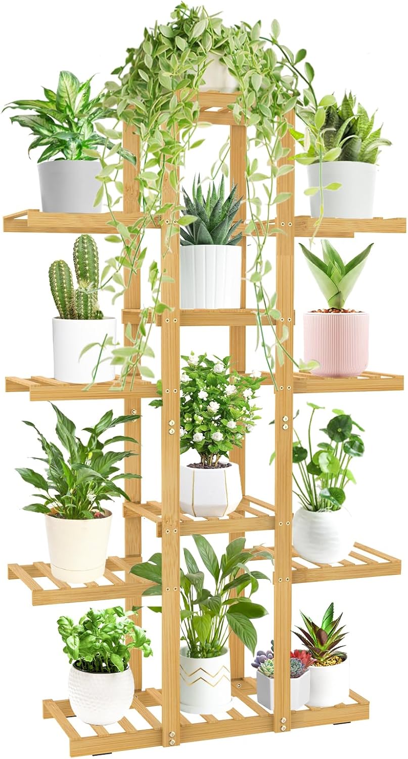 iDavosic.ly 7 Tier Bamboo Plant Stand for Indoor Outdoor, 12 Potted Tall Plant Stands for Indoor Plants Multiple, Wood Corner Large Plant Display Holders Shelves for Garden Balcony Living Room