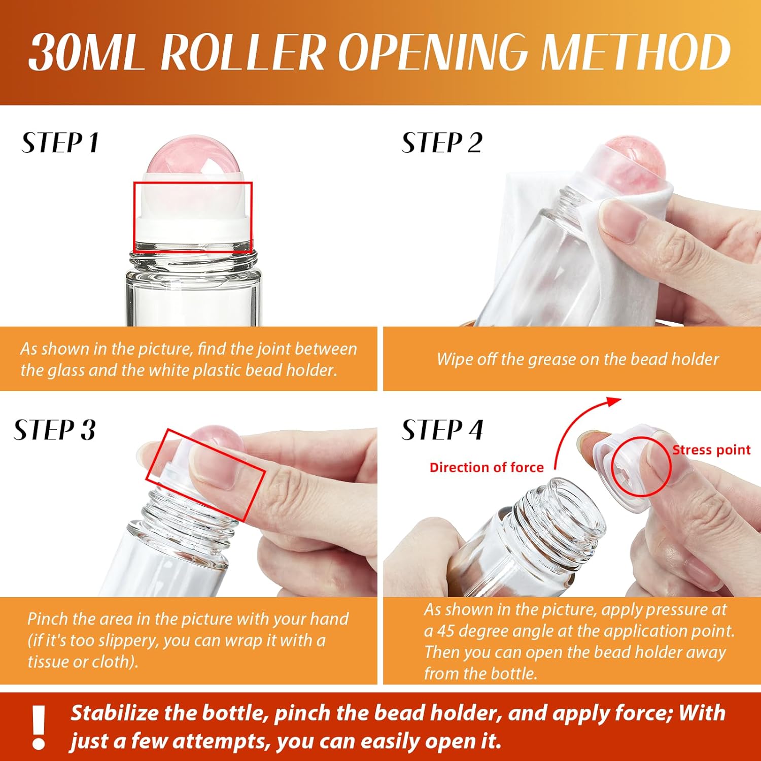 2 Pack Rose Quartz Essential Oils Roller Bottles, 50ml and 30ml Empty Leakproof Amber Glass Roll On Bottles for Perfume, Anointing, Travel, DIY