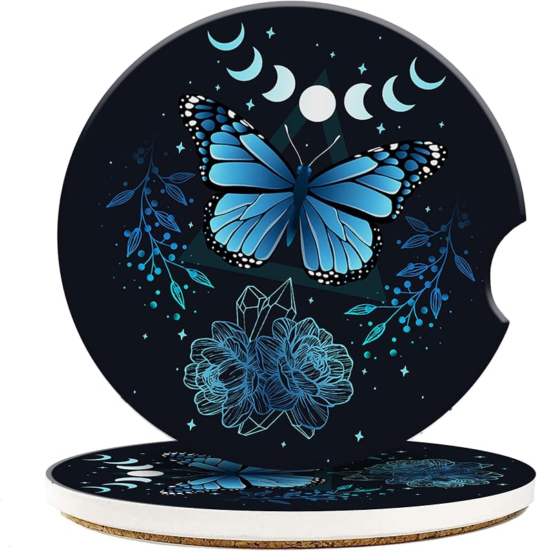 Kit com 2 Porta-Copos para Carro Neidius em Cerâmica, Borboleta Azul, Base de Cortiça Antiderrapante, 6,5 cm