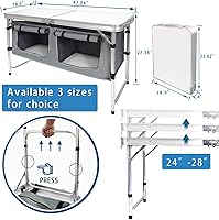 Vista 3 de Mesa de camping plegable con almacenamiento de aluminio ligera, mesa de campamento, altura ajustable, mesas de picnic para exteriores, mesa de playa