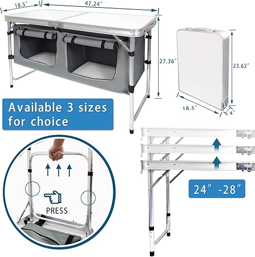 Miniatura 3 de Mesa de camping plegable con almacenamiento de aluminio, mesa de campamento ligera, altura ajustable, mesas de picnic para exteriores, mesa de playa