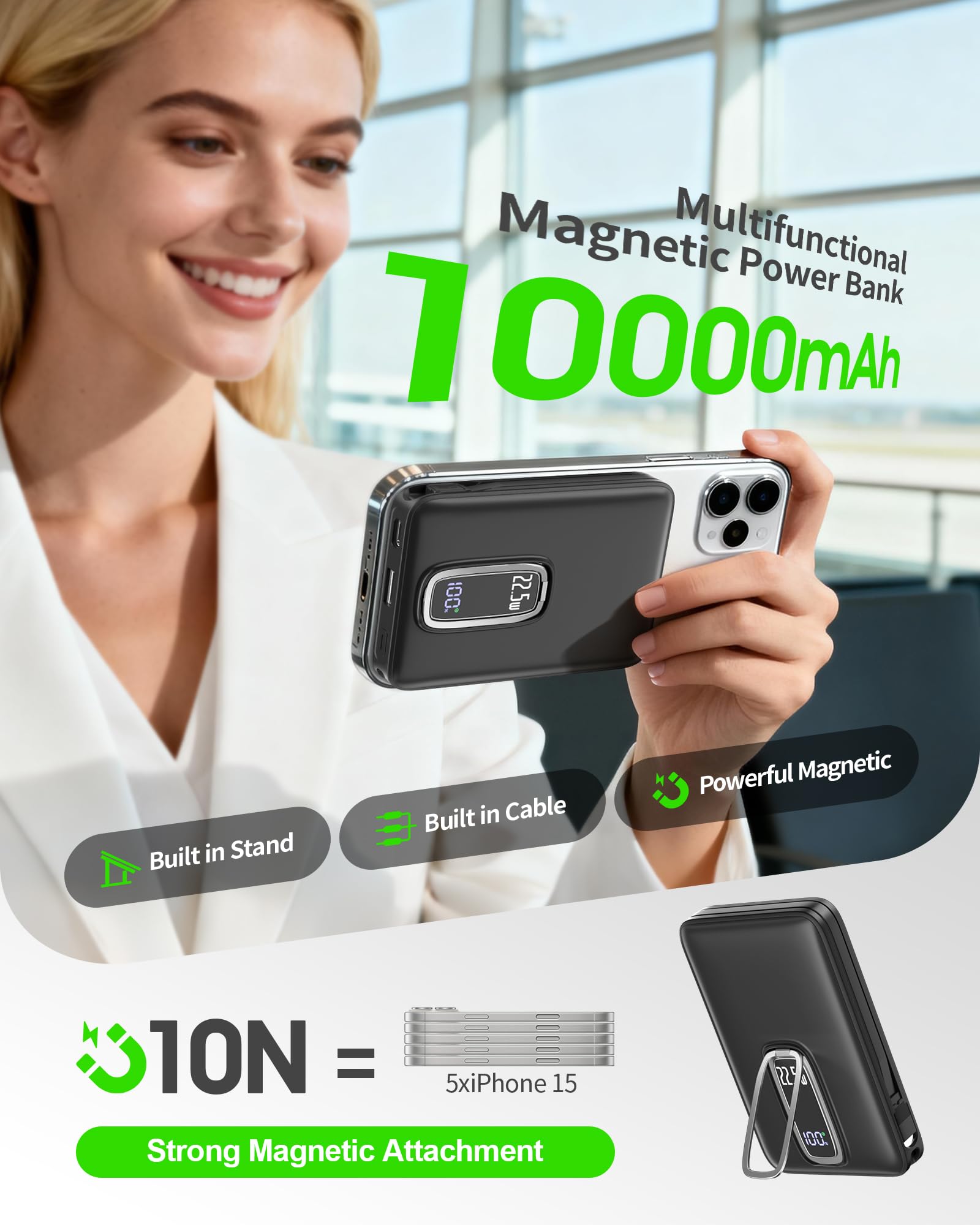 2026 para Magsafe Power Bank con Soporte, Magnética Batería Externa Carga Rapida 10000mAh con Cable USB-C Integrado, Inalámbrica Batería Portatil para iPhone 17 16 15 14 13 12, Rojo