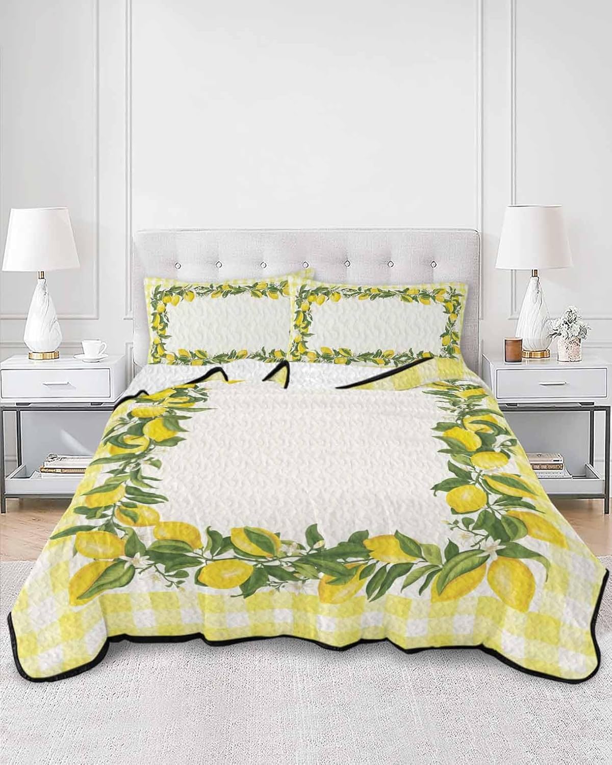 Queen Size Quilt Set, Farm Summer Lemon Lightweight Bedspread Coverlet Set Soft Microfiber Summer Quilt with 2 Pillow Shams, Yellow Check Border 3 Piece Comforter Bedding Set