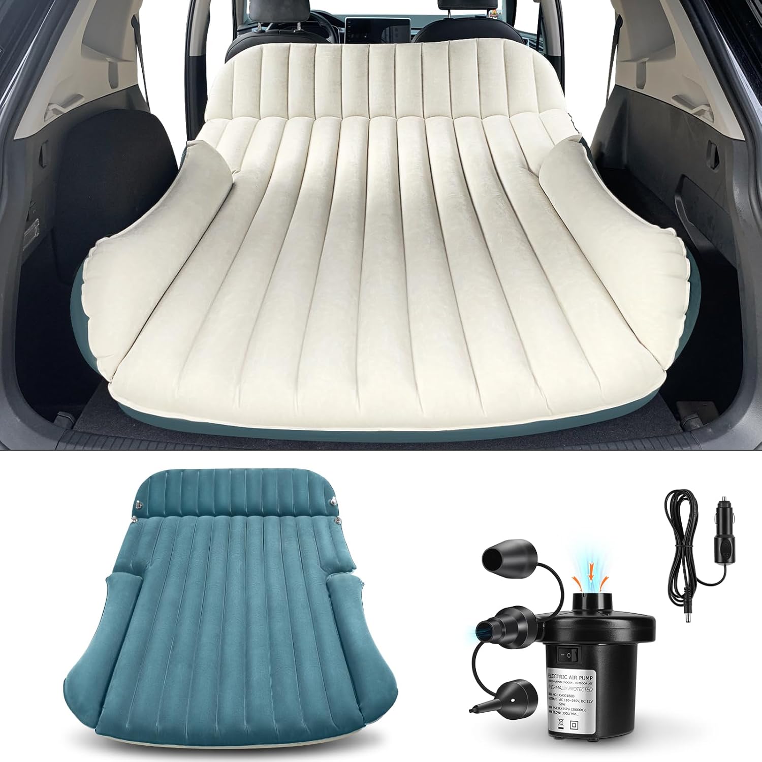 SUV Air Mattress with Double-Sided-Thick Flocked,Car Mattress with Pillow & Pump,Leakproof Durable Car Air Mattress,for Auto Camping, Road Trip,Double-Sided Flocking(Blue and White)