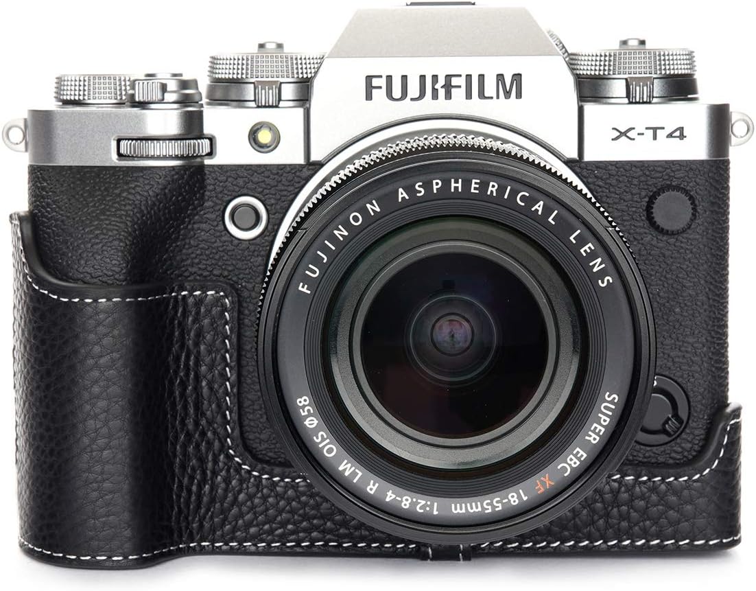 X-T4 Camera Case, BolinUS Handmade Genuine Real Leather Half Camera Case Bag Cover for Fujifilm Fuji X-T4 XT4 Camera Bottom Opening Version + Hand Strap (Black)