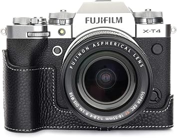 X-T4 Camera Case, BolinUS Handmade Genuine Real Leather Half Camera Case Bag Cover for Fujifilm Fuji X-T4 XT4 Camera Bottom Opening Version + Hand Strap Black
