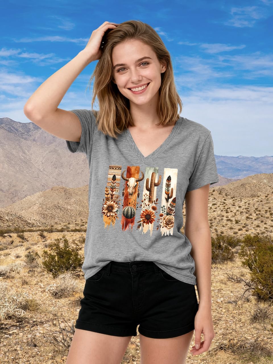 Cowgirl Shirts for Women Vintage Western Rodeo Graphic Tee Short Sleeve Tops Western Cow Skul Tee - Image 4