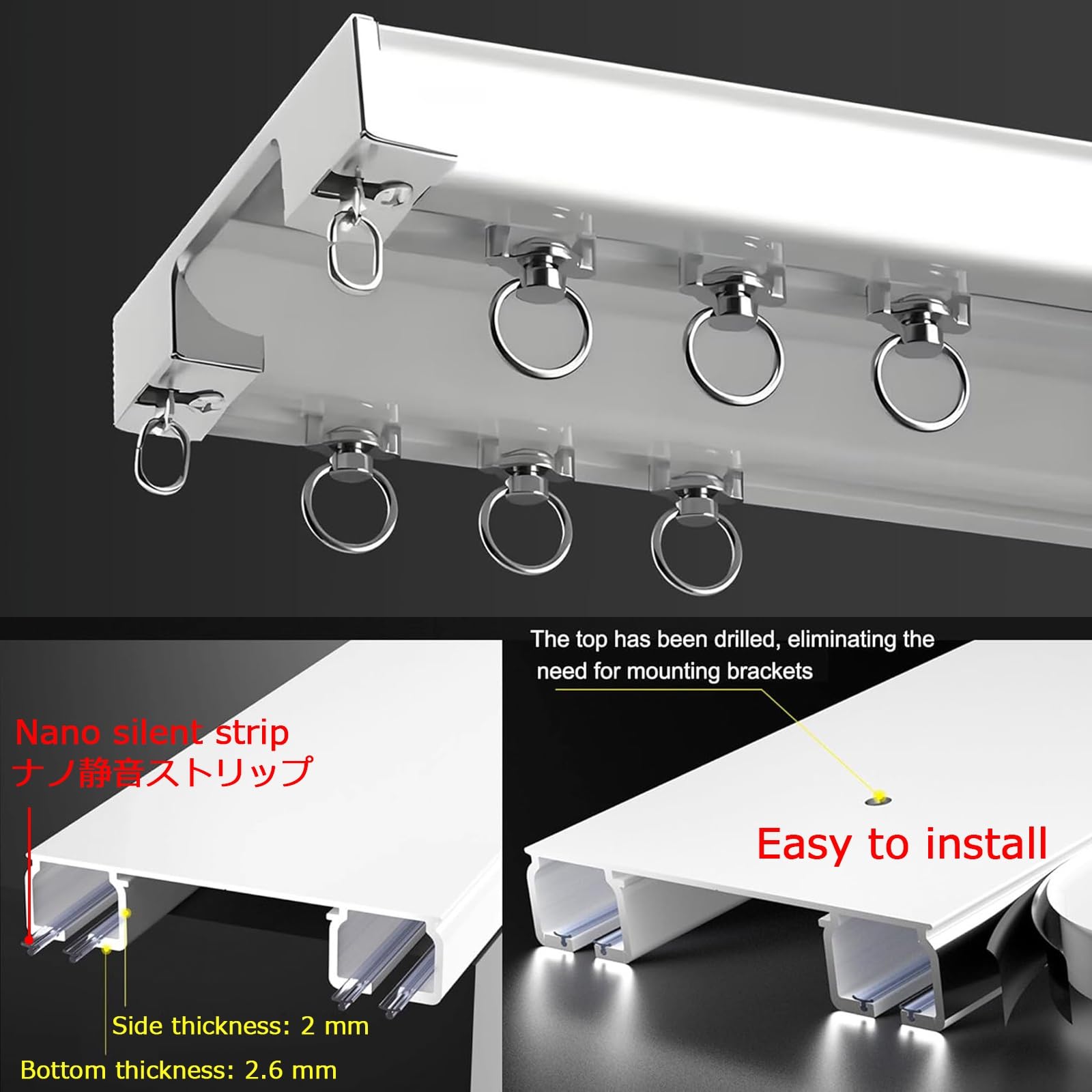 1m-7m Riel De Cortina Doble, Barra Curtain Track Techo Corredera De Aluminio Personalizable, Puede Colgar Cortinas Pesadas, Vía Recta Pista Para Pérgola, Cenador, Cortinas, Bañera(White,2m)