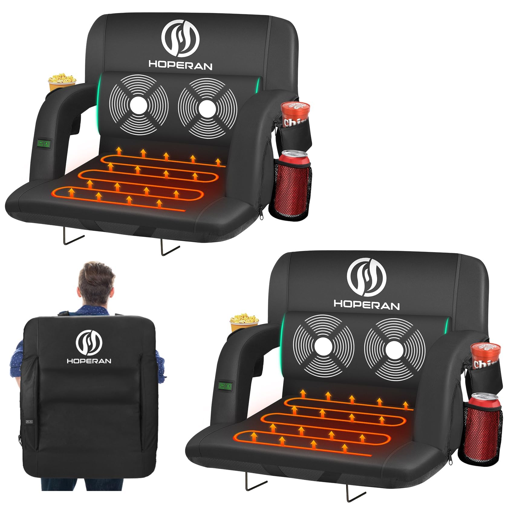 HOPERAN Massage Heated Stadium Seats for Bleachers with Back Support & Lumbar Pillow, 3 Level Heating & 6 Modes Massage Portable Heated Stadium Chairs for Bleachers