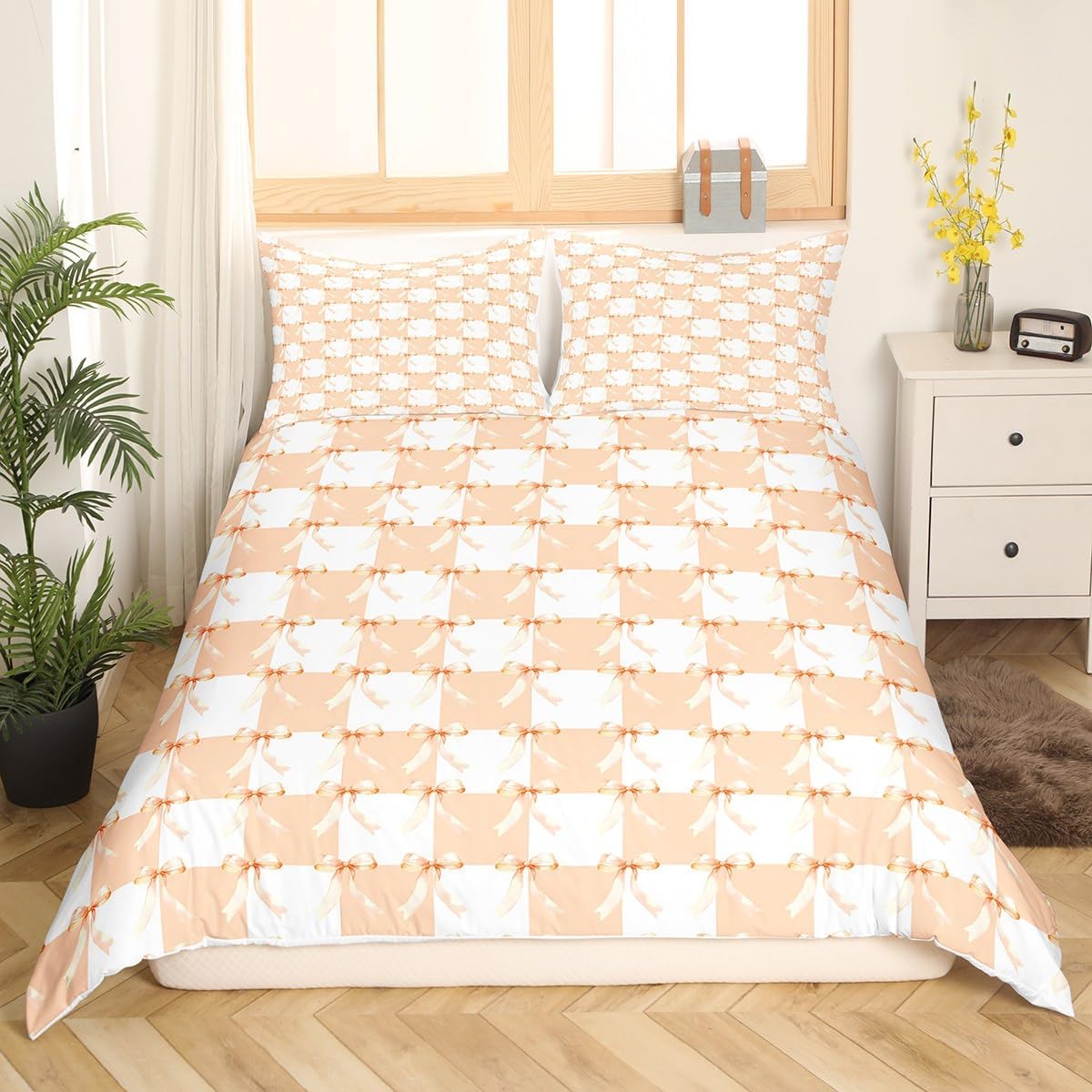 Bowknot Girly Bedding Set Toddler Size 2 Pcs,Princess Style Dreamy Bow Minimalist Duvet Cover for Kids Teens Bed Comforter Cover(No Filler),Geometric Checker Plaids Orange White Bedding Quilt Cover