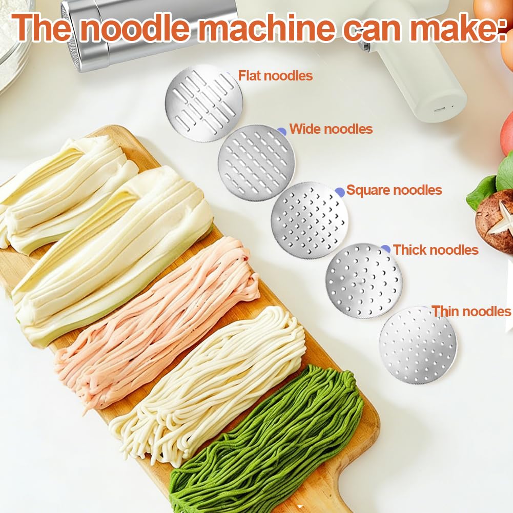 Elektrische Nudelmaschine, Wiederaufladbare Pasta Maker mit 5 Pressformen, Automatische Handheld Noodle Maker