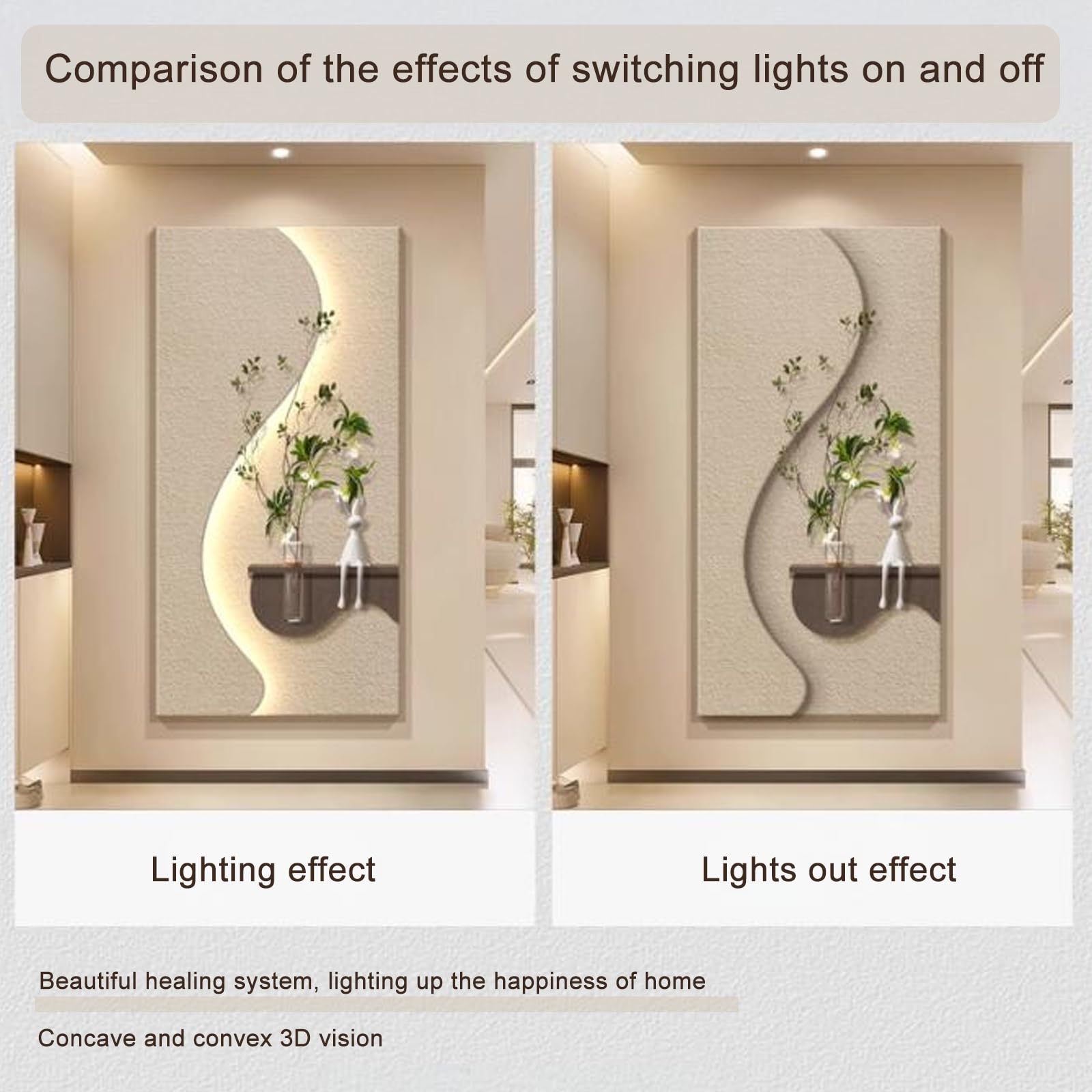 Dekoracja 3D malowidła ścienne, wiszące rzeźby ścienne ze światłem LED Chińska lampa do domu, przedpokoju, sypialni (biała, 70 x 140 cm/27,5 x 55,1 cala)