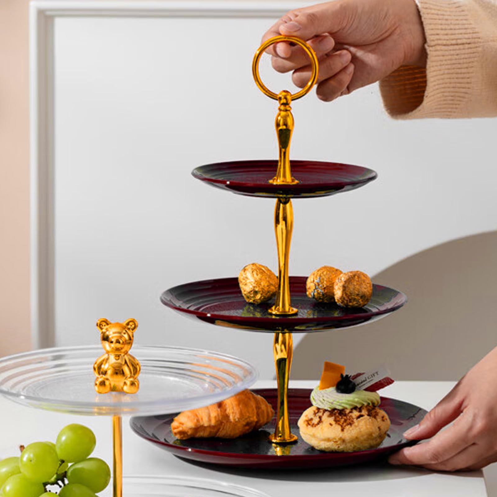 présentoirs à gâteaux à 3 étages pour Cupcakes, Assiettes à Dessert, gâteaux, Fruits, Biscuits, Bonbons, Plateau de Service à étages, Plateau de Service à étages pour Noël, Mariage（Rouge）