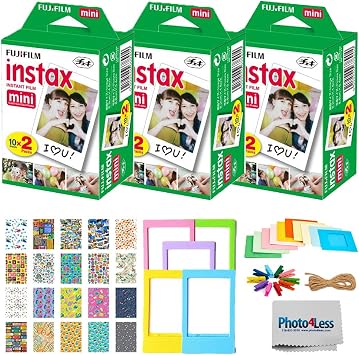 Fujifilm Instax Mini Twin Pack Instant Film 60 Exposures + Travel Stickers + 5 Colored Frames + Hanging Frames + Cleaning Cloth