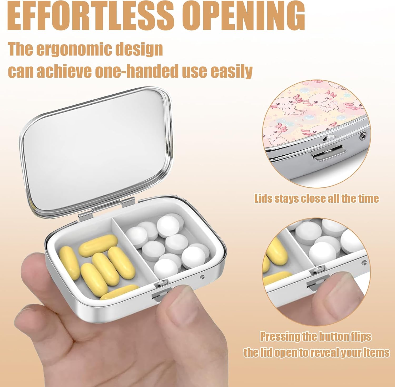 Pill Box-2 Compartment Small Pill Case Square Organizer Case with Mirror Portable Metal Medicine Box Travel Container for Pocket & Purse Women Men（Cute Axolotl） image 3