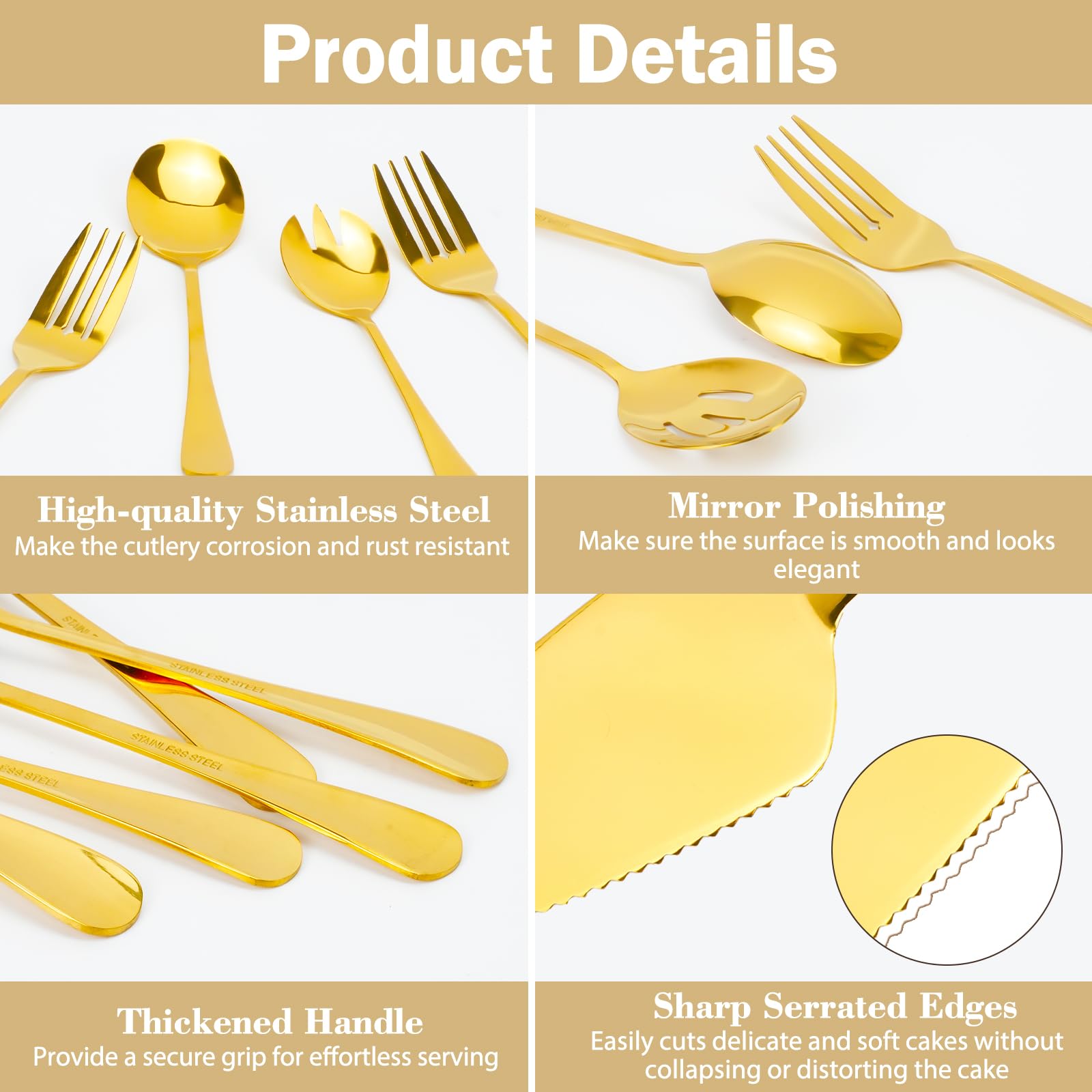 Set di posate dorate da 14 pezzi, in acciaio inox, grandi posate da insalata, mestolo da servizio, coltello da torta, forchette da torte, pinze da servizio, utensili da cucina, set per buffet