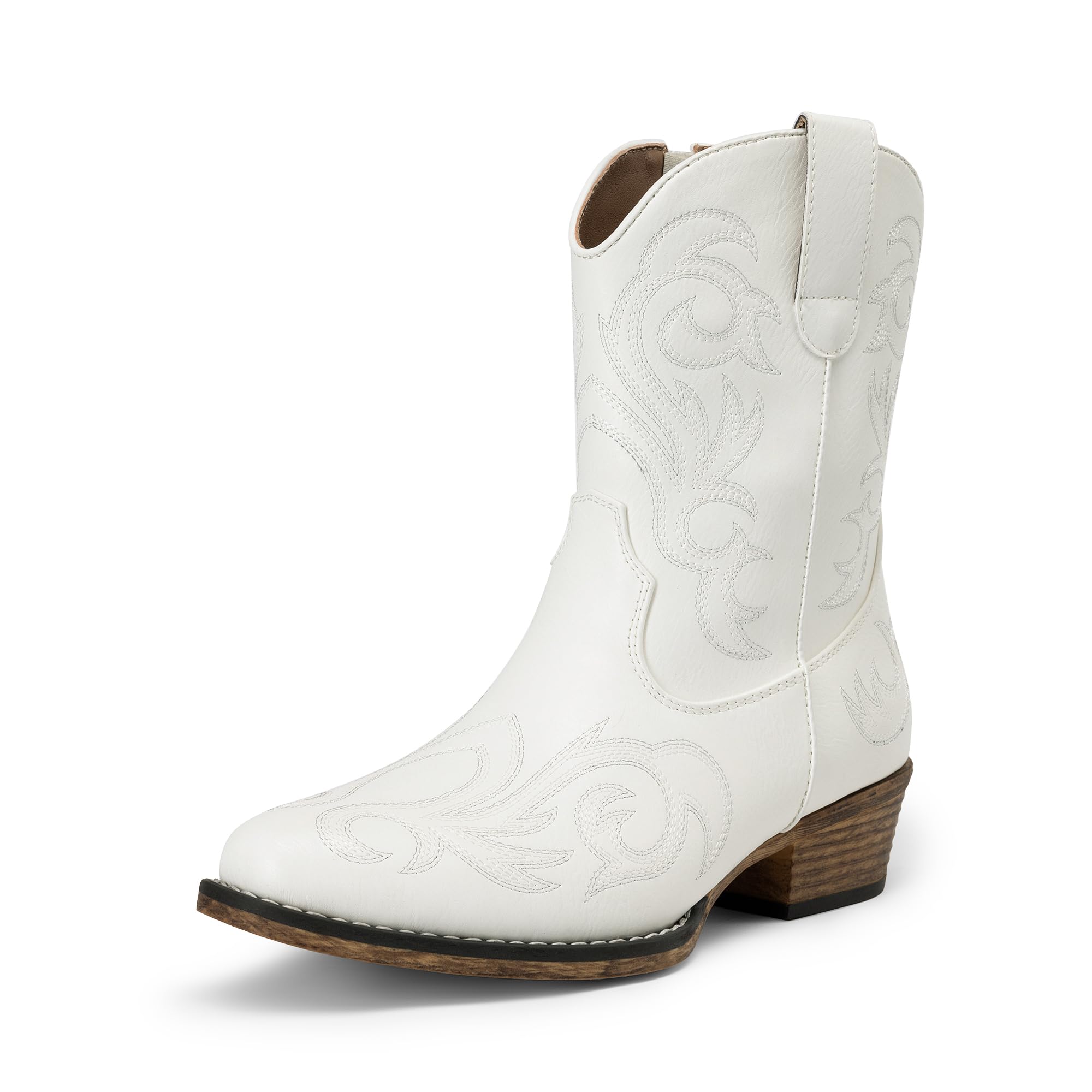 DREAM PAIRS Women's Cowboy Cowgirl Western Boots Embroidered Stitched Ankle Boots Square Toe Chunky Heel Fashion Short Booties with Zipper,Size 8,White,DWUMAB2511