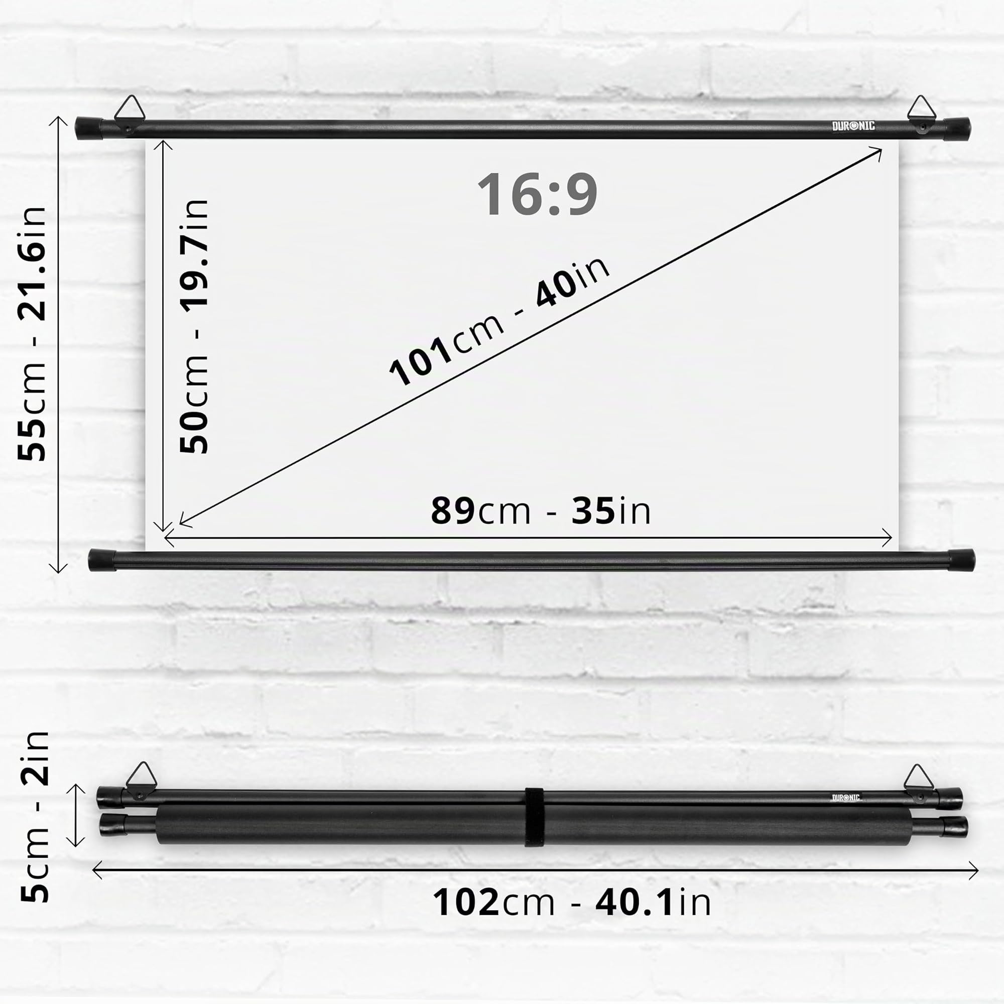 Duronic BPS40 Pantalla de Proyector 40" HD 16:9 102cm 4K UHD Full HD 1080P 3D Dimensiones 89x50 cm