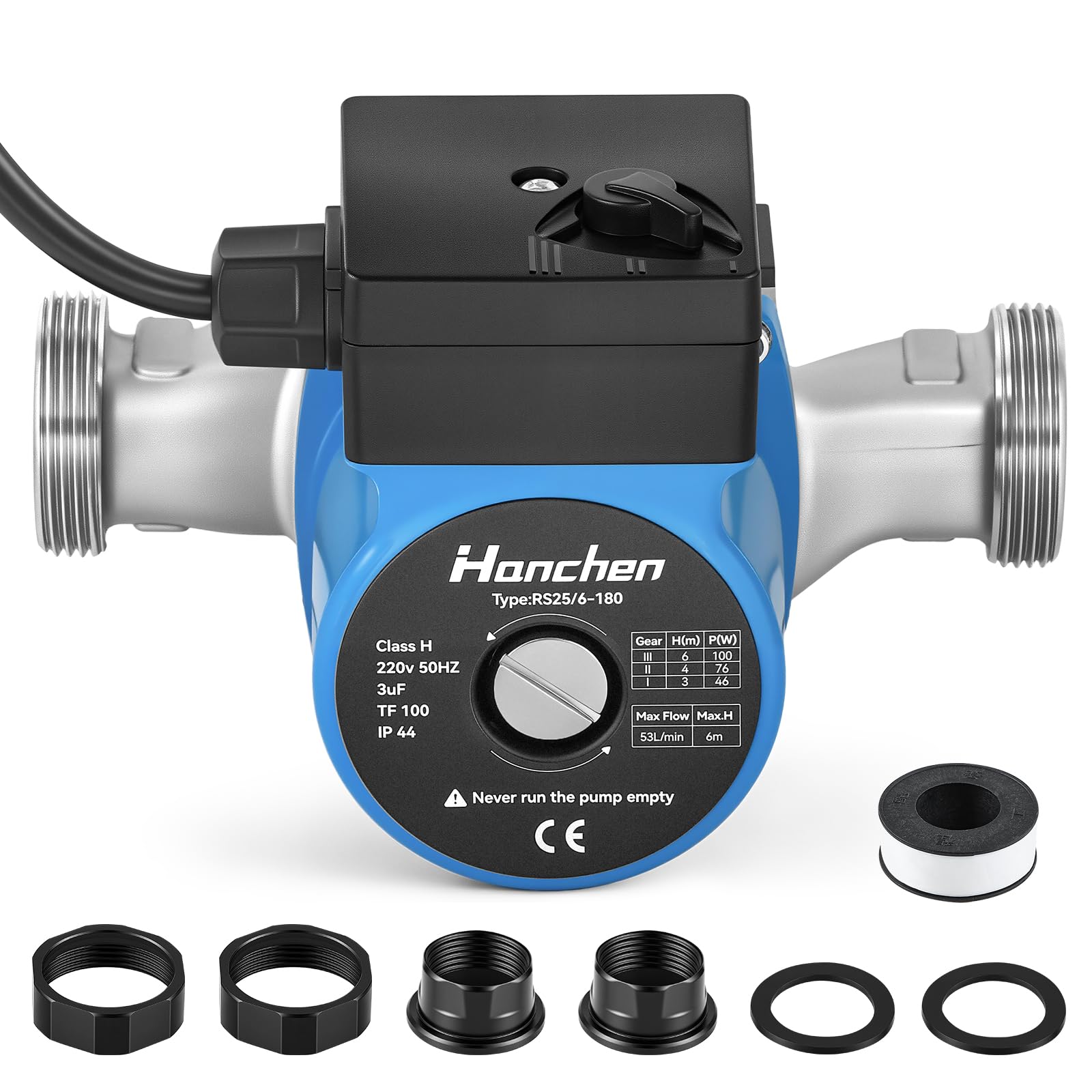 Hanchen Pompa di circolazione per riscaldamento a 3 marce, in acciaio inox, 25-60/180, pompa di circolazione per acqua calda 220 V