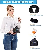Vista 7 de SAIREIDER Almohadas de cuello para viaje, 100% espuma viscoelástica, almohadas de viaje ajustables con bolsa de almacenamiento, máscara de dormir