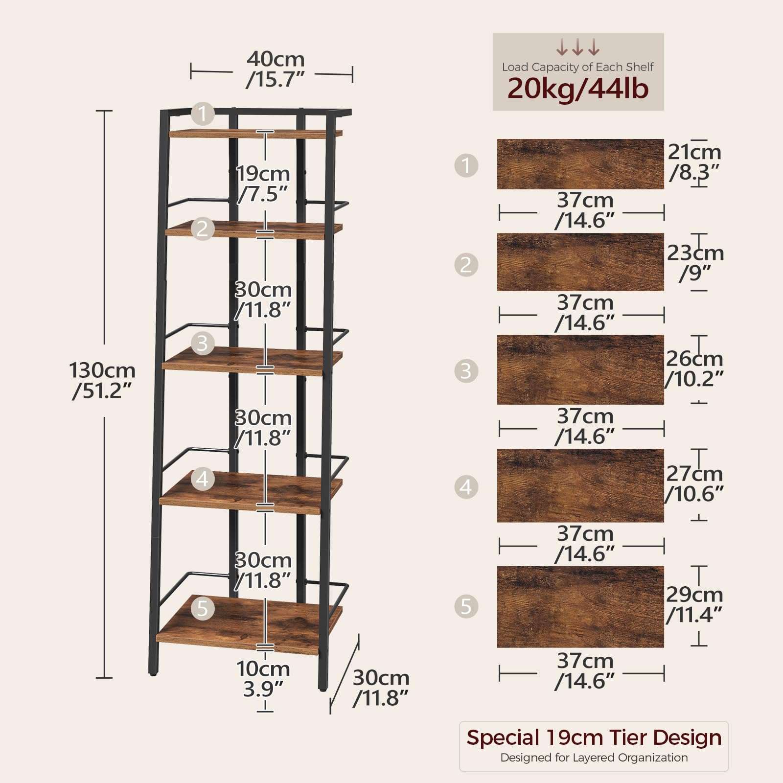 MAHANCRIS Estantería Trapezoidal, Librería de Estilo Industrial de 5 Niveles con Barandillas, Biblioteca Independiente, para Sala, Dormitorio o Despacho, Marrón Vintage y Negro ALSHR3501