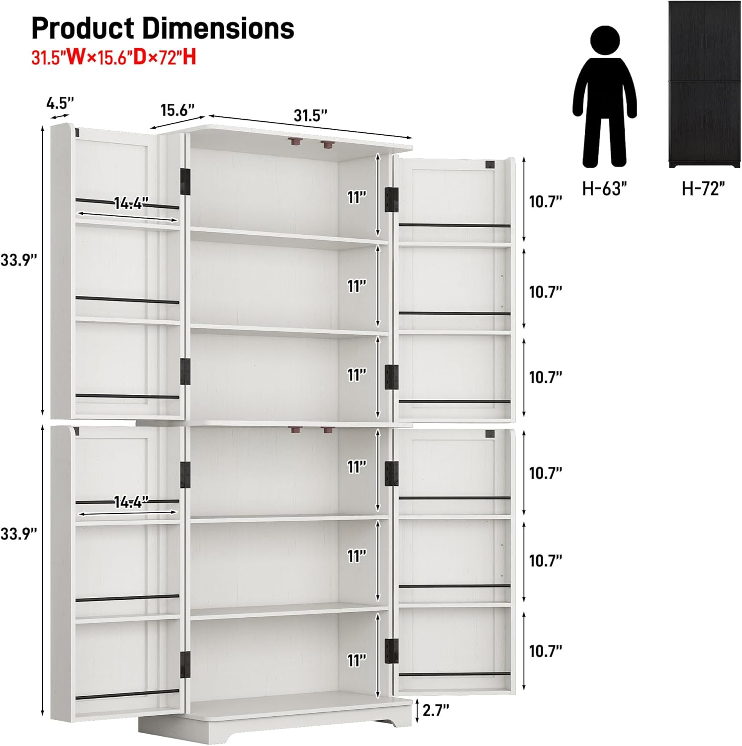 jiteentarou 72” Tall Kitchen Storage Pantry, 31.5”W Modern Cabinet Wood Cupboard with Storage Shelves, Pantry Cabinet with 4 Doors for Kitchen, Dining Room, Living Room, White