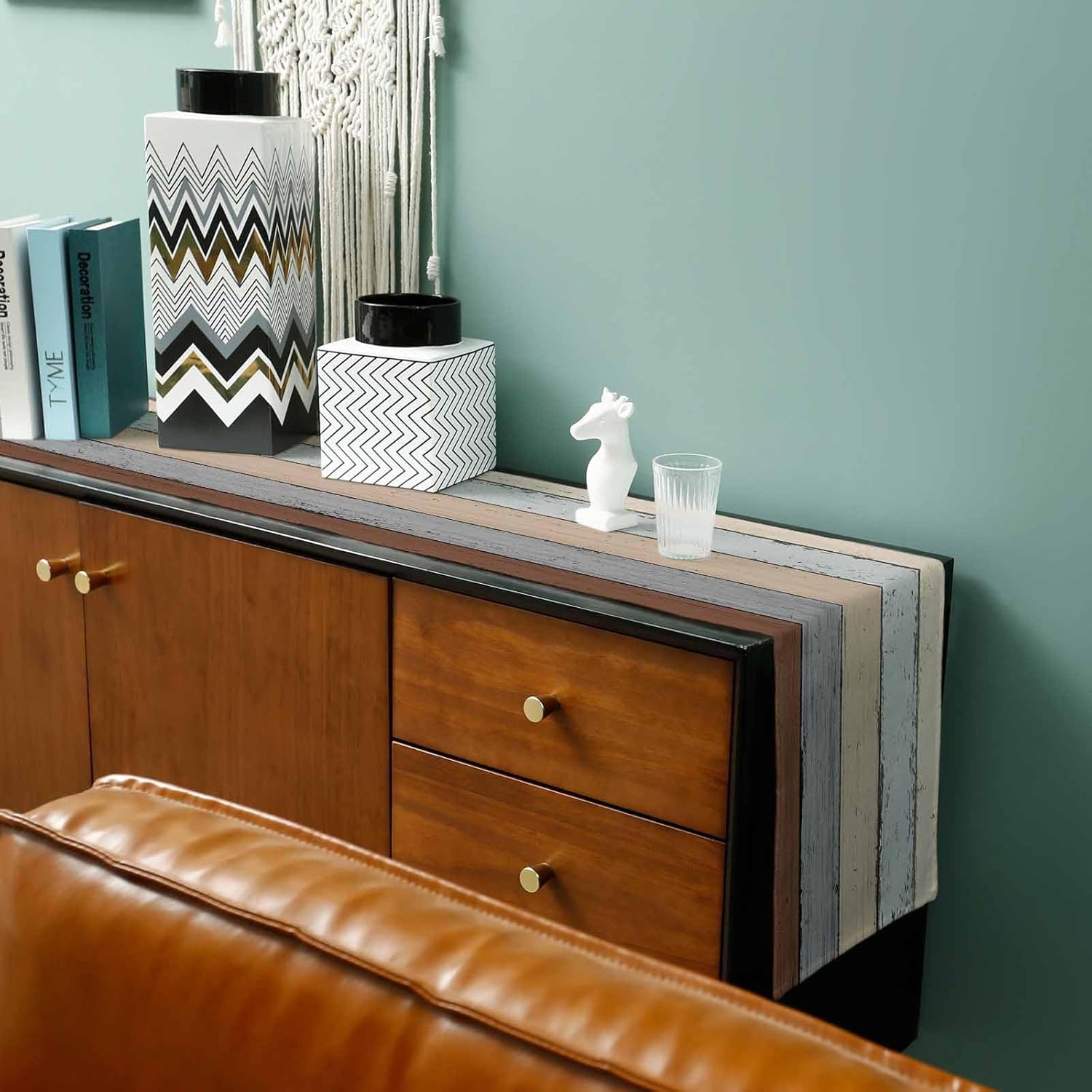 Rustic Farmhouse Burlap Table Runner 108 Inches Long Cotton Linen, Kitchen Dinner Table Runners, Vintage Barn Wood Gradient Brown Grey Beige Tablerunner for Table/Dresser/Dining/Party/Wedding