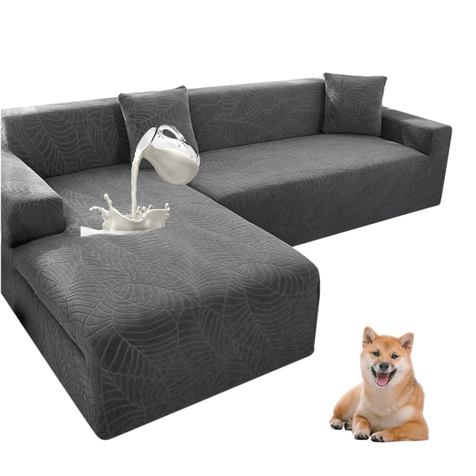Housse de canapé 3 places gris foncé L jacquard avec 2 taies d'oreiller