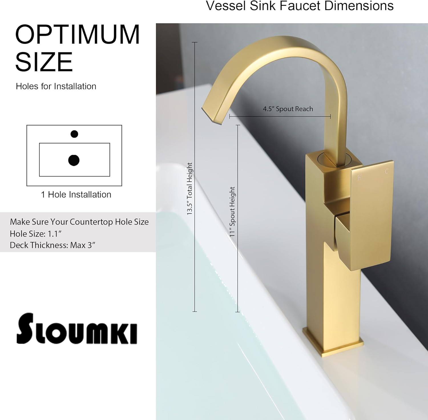 Brushed Gold Vessel Sink Faucet, Single Handle Tall Bathroom Faucet,Waterfall Bathroom Faucet Single Hole Lavatory Vanity Tap Single Hole Bar Sink Faucet with Pop Up Drain and Supply Lines,SL50044BG