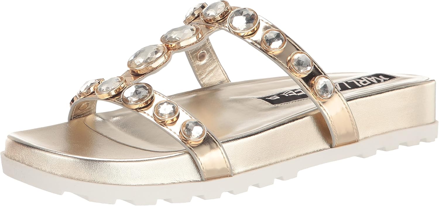 Karl Lagerfeld Paris Women's Tori Jeweled Flatform Heeled Sandals, Champagne, 11