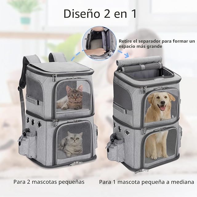 Foto 2 de 7 de FASNATI Mochila para 2 Gatos 2 en 1, Separador Extraíble, hasta 12kg, Gris