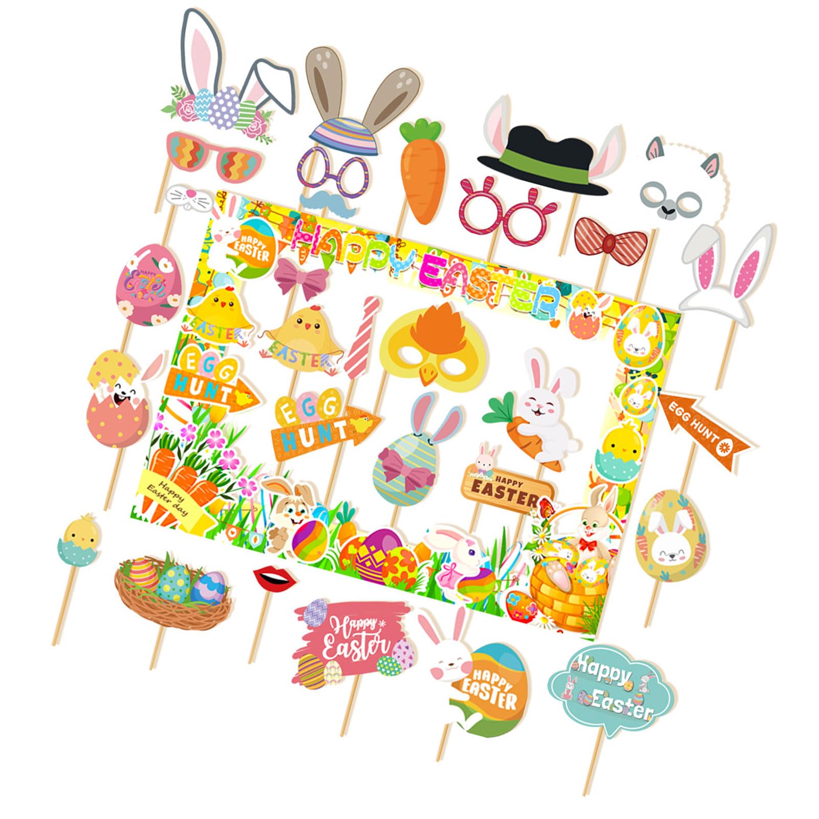 Elnwnnkc Colorful Eggs Bunnies Selfie Picture Frame with 30Pcs Photography Props for Adult Kid Home Gatherings Party Decoration Photo Props