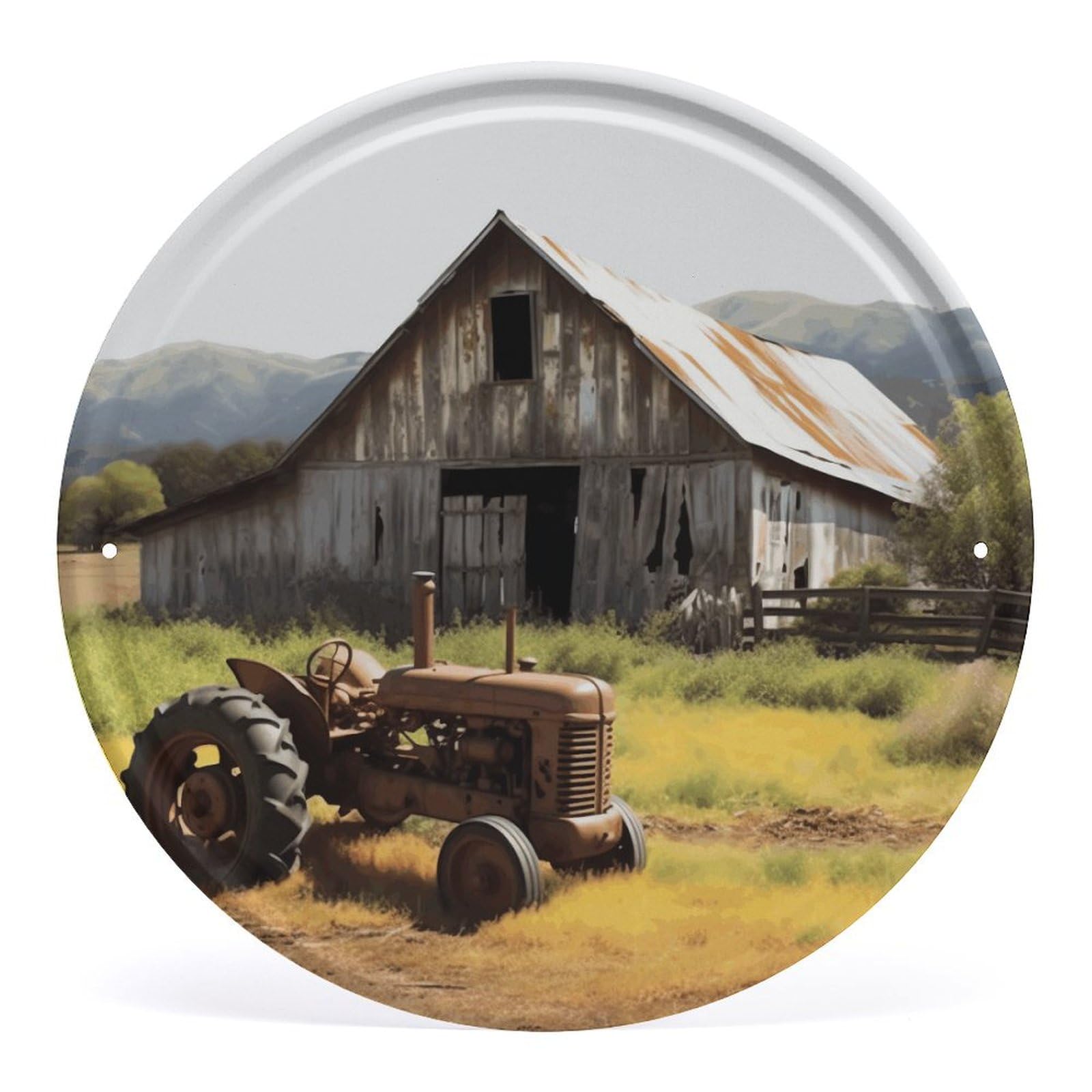 Ykudbn Old Wooden Barn With Rusted Tractor Circular Metal Wall Art, Print Iron Wall Hanging Vintage Circular Sign Industrial Metal Art Decorative Metal Plate