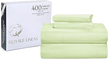 Royale Linen 400 Thread Count 100% American Grown Cotton 4 Piece Sateen Queen Sheet Set - 1 Fitted Sheet, 1 Flat Sheet, 2 Pillow case - Green Queen Bedsheet - Cotton Sheets - Queen, Florentine Sage
