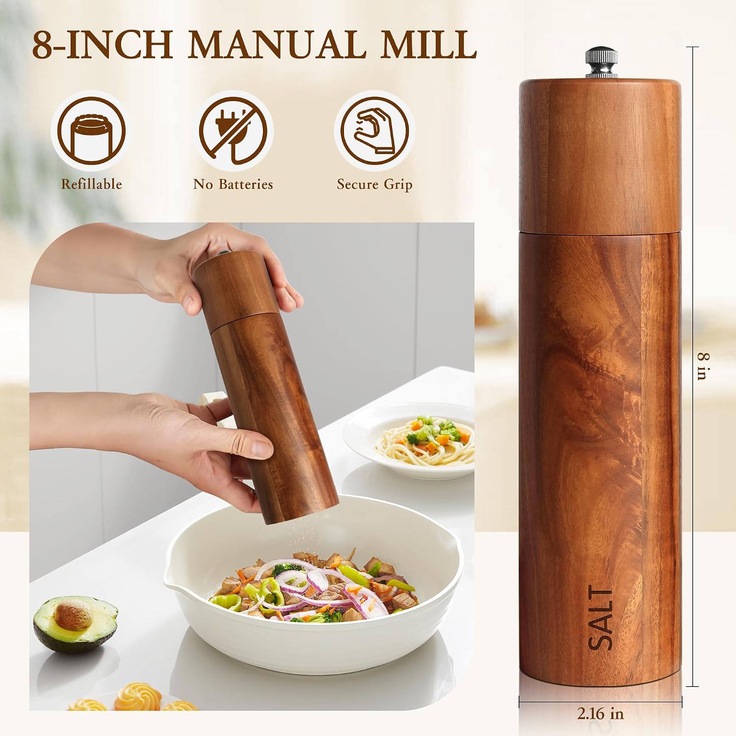 Acacia Wooden Salt and Pepper Grinder Set, 8-Inch, 2 Pack