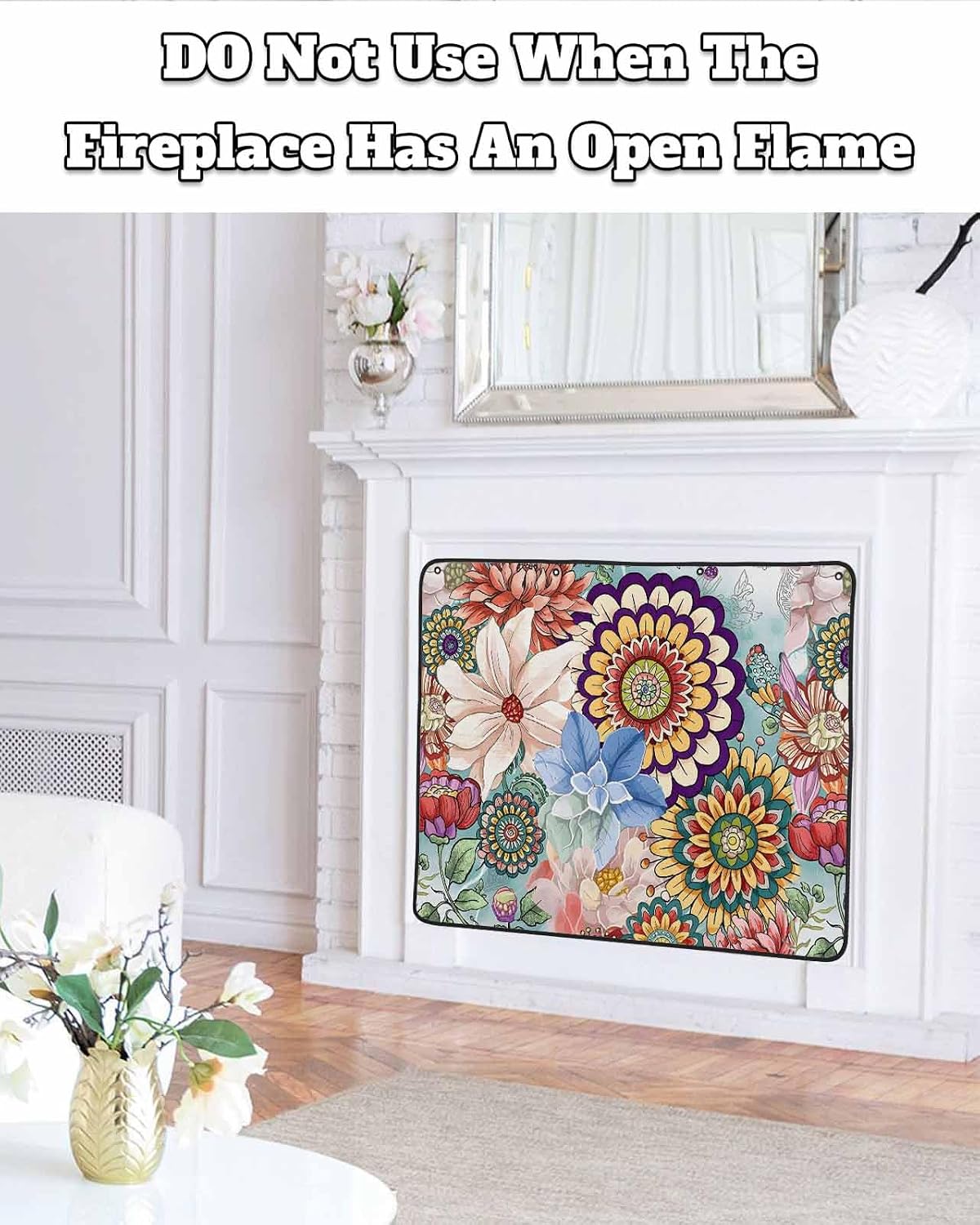Magnetic Fireplace Cover Bohemian Floral Fireplace Screen Decorative Boho Flowers Colorful Plant Insulation Fireplaces Blocker Blanket Save Energy Fireplaces Draft Stopper Covers for Living Room 45x34